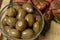 Olives on Gourmet Charcuterie Board with Copy Space