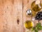 Olives and Healthy Olive oil bottles and cup with parsley