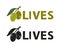 Olives lettering silhouette. Hand drawn text with two green olives with leaf. Simple black shape and color vector illustration.