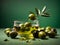 Olives and olive oil floating on a green background