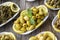 Olives. Varieties of olives on wood background. Healthy food. Selective focus olive