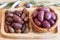 Olives on wooden background, kalamata, kalamon, green olives