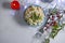 Olivier salad in a plate appetizer  traditional christmas background refreshment