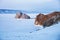 Olkhon island. Lake Baikal, winter landscape. Mountain Shamanka.