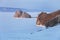 Olkhon island. Mountain Shamanka. Sunset landscape. Lake Baikal, winter