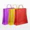 Ð¡ollection of paper bags in three colors: purple, yellow and red