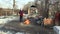 OLOMOUC, CZECH REPUBLIC, JANUARY 29, 2018: Homeless poor burning wood board panels and creating fire to warm themselves