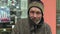 OLOMOUC, CZECH REPUBLIC, MARCH 5, 2018: An authentic face poor homeless sad eyes. Very real, life on the street winter