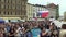 OLOMOUC CZECH REPUBLIC, MAY 9, 2018: Student parade procession of May, drums play, people rejoice flags and scream with