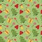 Ð¡olor seamless christmas pattern of festive items on a green background.