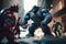 olorful chaos and epic battlesBokeh-Infused Superheroes Battle Gigantic Monster in Cityscape