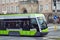 OLSZTYN, POLAND - DECEMBER 31, 2018: Modern passenger tram moving on rails in the historical part of the Olsztyn city