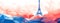 olympiad, artistic rendition of the Eiffel Tower set against a geometric multicolored background of red, white, and blue