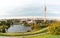 Olympiapark Munchen under the sunlight and a cloudy sky in Munich in Germany