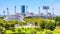 Olympiapark in summer, Munich, Germany. Scenic panoramic view of nice Olympic park, famous Munich landmark. Scenery of