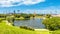 Olympiapark in summer, Munich, Germany. Scenic panoramic view of Olympic park, Munich landmark. Scenery of famous Munich sport