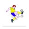 Olympic athlete, soccer player jumping beats the ball, cartoon o