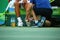 Olympic champion Rafael Nadal of Spain receiving medical assistance during singles quarter final of the Rio 2016 Olympic Games