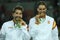 Olympic champions Mark Lopez and Rafael Nadal of Spain during medal ceremony after victory at men\'s doubles final
