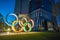 Olympic symbol logo in front of Olympic Museum near Japan New National Stadium  in Tokyo