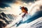 Olympic winter sports skier leaving snow trail on skiing in mountains, generative ai