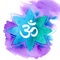 Om in watercolor blue and green lily on violet background