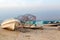 in oman boat in the coastline and seagull near ocean