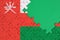 Oman flag is depicted on a completed jigsaw puzzle with free green copy space on the right side