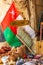 An Omani flag and items for sale in the craft souk in Nizwa