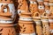 Omani Souvenirs. Hand Made Pottery in Nizwa Market. Clay Jars at the Rural Traditional Arabic Bazaar, Oman. Arabian Peninsula.