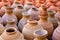 Omani Souvenirs. Hand Made Pottery in Nizwa Market. Clay Jars at the Rural Traditional Arabic Bazaar, Oman. Arabian Peninsula.