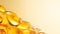 Omega 3. Fish Oil Pills on light background, copy space. Omega 3 vitamin in capsules. Golden Omega-3 Fish Oil pills. Illuminated