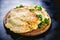 Omelet with cheese and parsley, pancakes