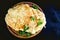Omelet with cheese and parsley, pancakes