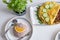 Omelet filled beef fried with rice berry in vase on dining table