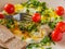 Omelet with greens, cherry tomatoes, bread grains