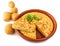 Omelet made of eggs and potatoes  isolated on white background. Spanish Omelette - Traditional tortilla tapas de patatas