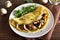 Omelet with mushrooms, chicken meat, greens