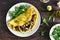 Omelet with mushrooms, chicken meat, greens