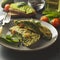 Omelet with spinach leaves. Healthy omelette for lose weight. Healthy food. Square image for social media