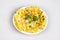 Omelet, Thai local food, with simple ingredient with herb parsley, healthy diet, white background - top view