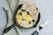 Omelette with broccoli and beans. And triangle bread slices.