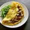 Omelette stuffed with mushrooms, chicken meat, greens