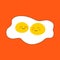 Omelette Two Yolk with Cute Smiling Happy Cartoon Faces, flat style, isolated on orange.