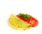 Omelette on white background with sliced tomato and basil