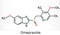 Omeprazole, C17H19N3O3S molecule. It is used to treat gastric acid-related disorders, peptic ulcer disease, gastroesophageal