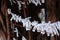 Omikuji fortunes paper tied to rope fence for good luck, Japan