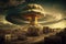 ominous mushroom cloud rising above devastated city, after devastating nuclear attack