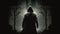 An ominous silhouette of a cloaked figure appears in the dark night. Fantasy art. AI generation