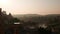 Omkareshwar cityscape, India, sacred hindu temple. Holy Narmada River, boats floating